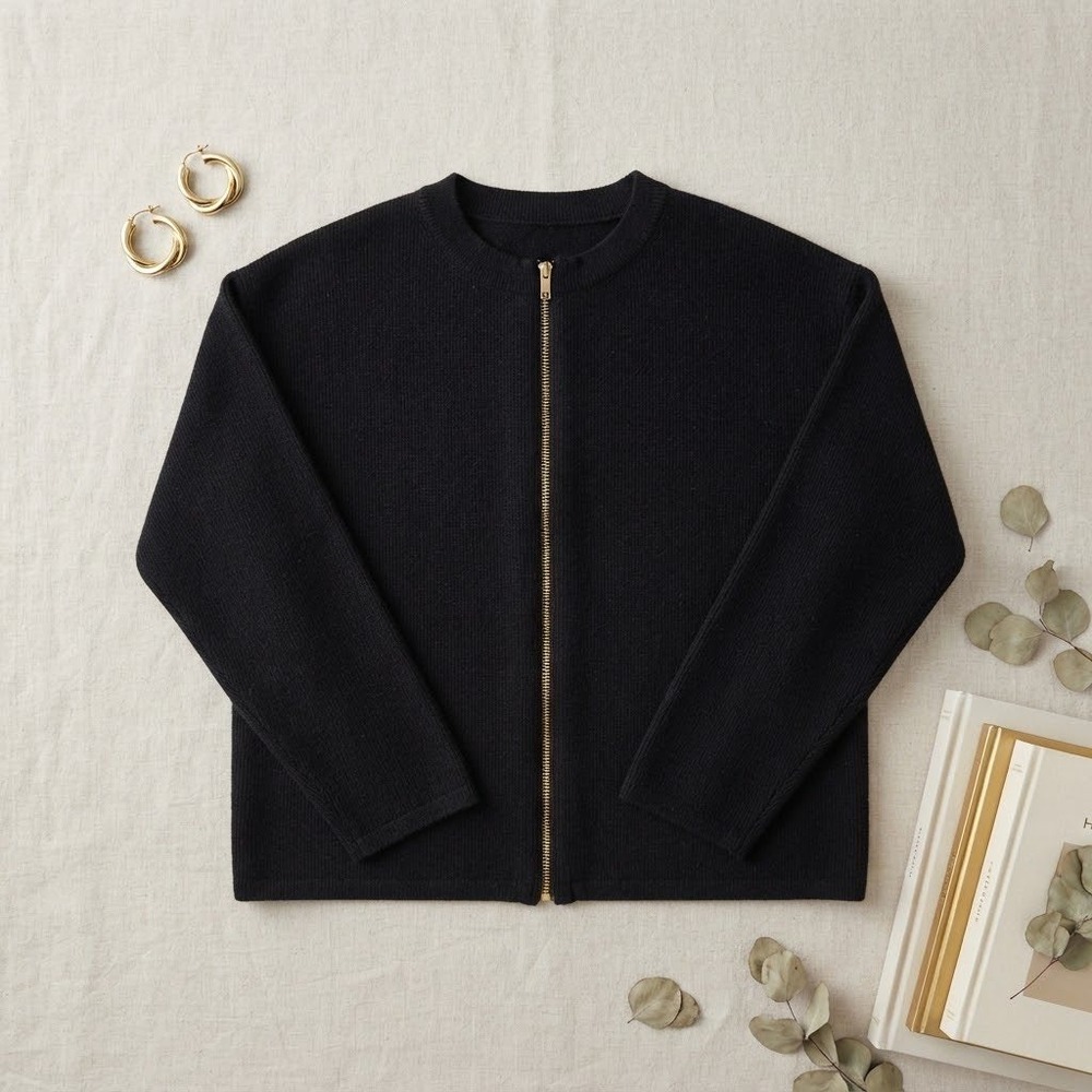 Zip Up Cardigan Women XL Black Recycled Fabric Minimalist Chic Sweater